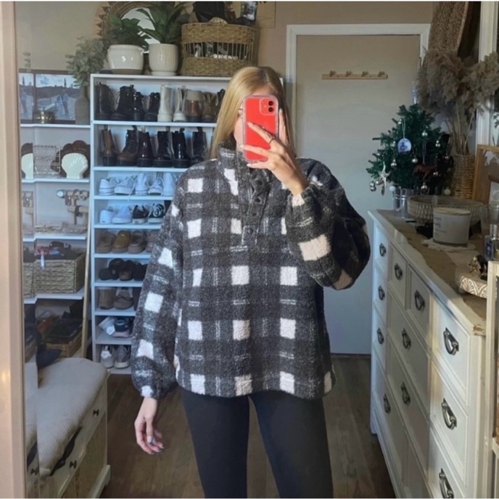 Loft black and white plaid teddy quarter button up pullover sweater